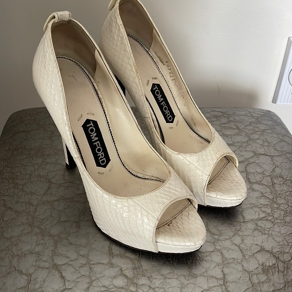 Tom Ford White Python Leather Peep Toe Pumps
